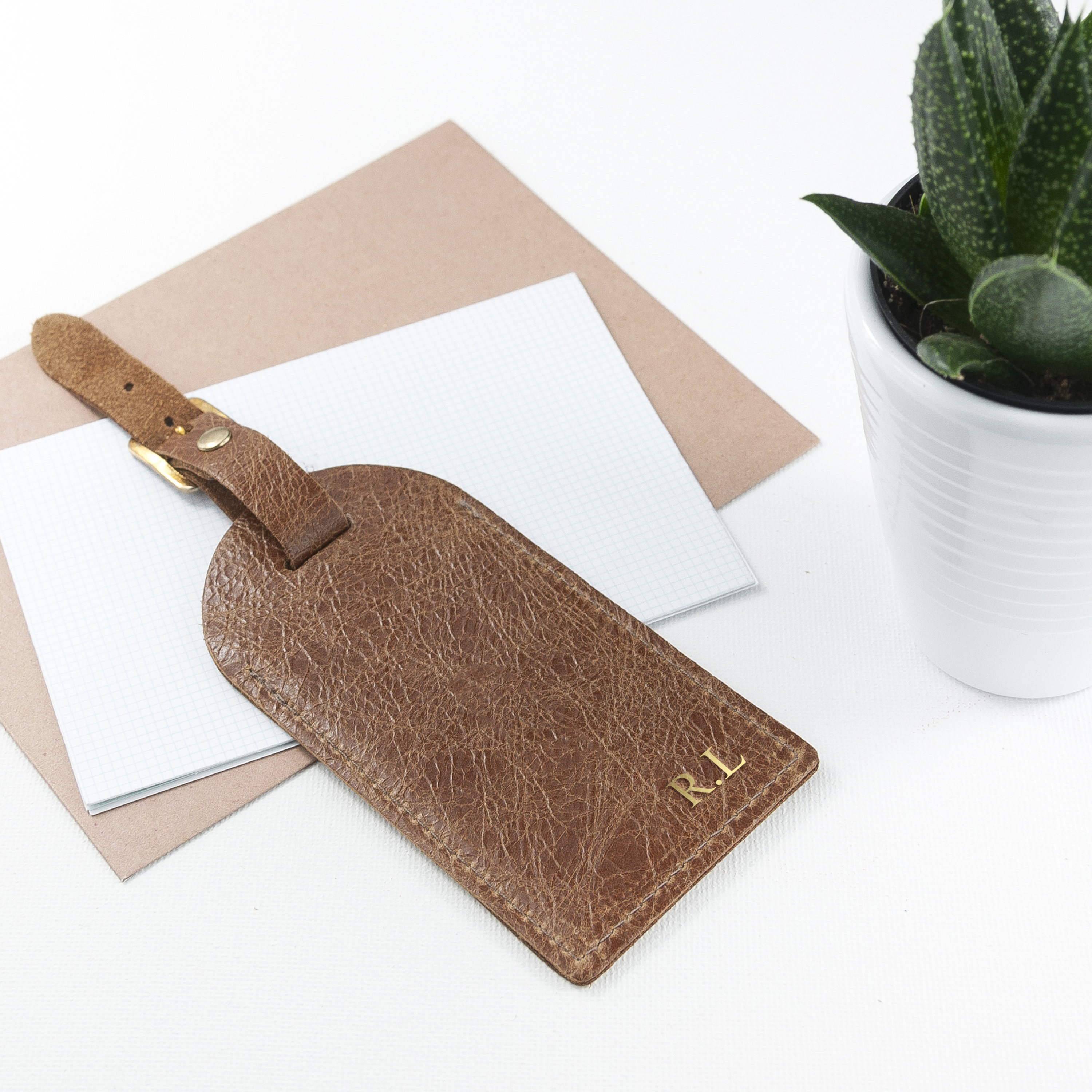 Personalised Natural Tan Foiled Leather Luggage Tag