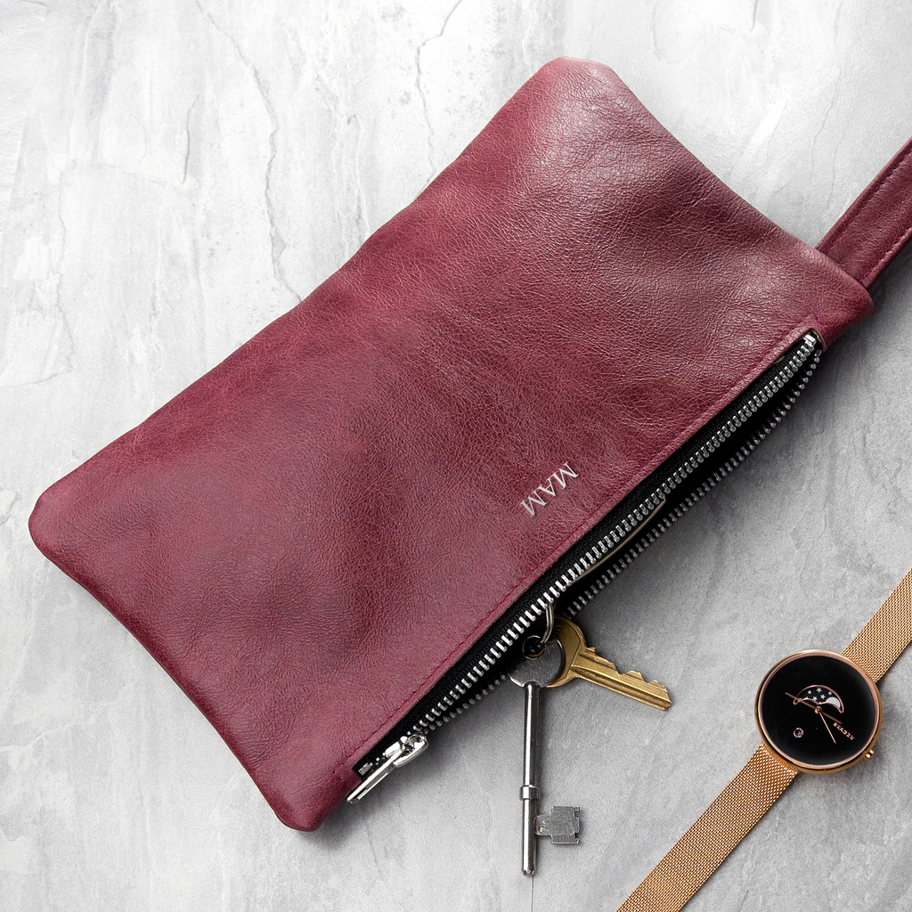 Monogrammed Burgundy Leather Clutch Bag