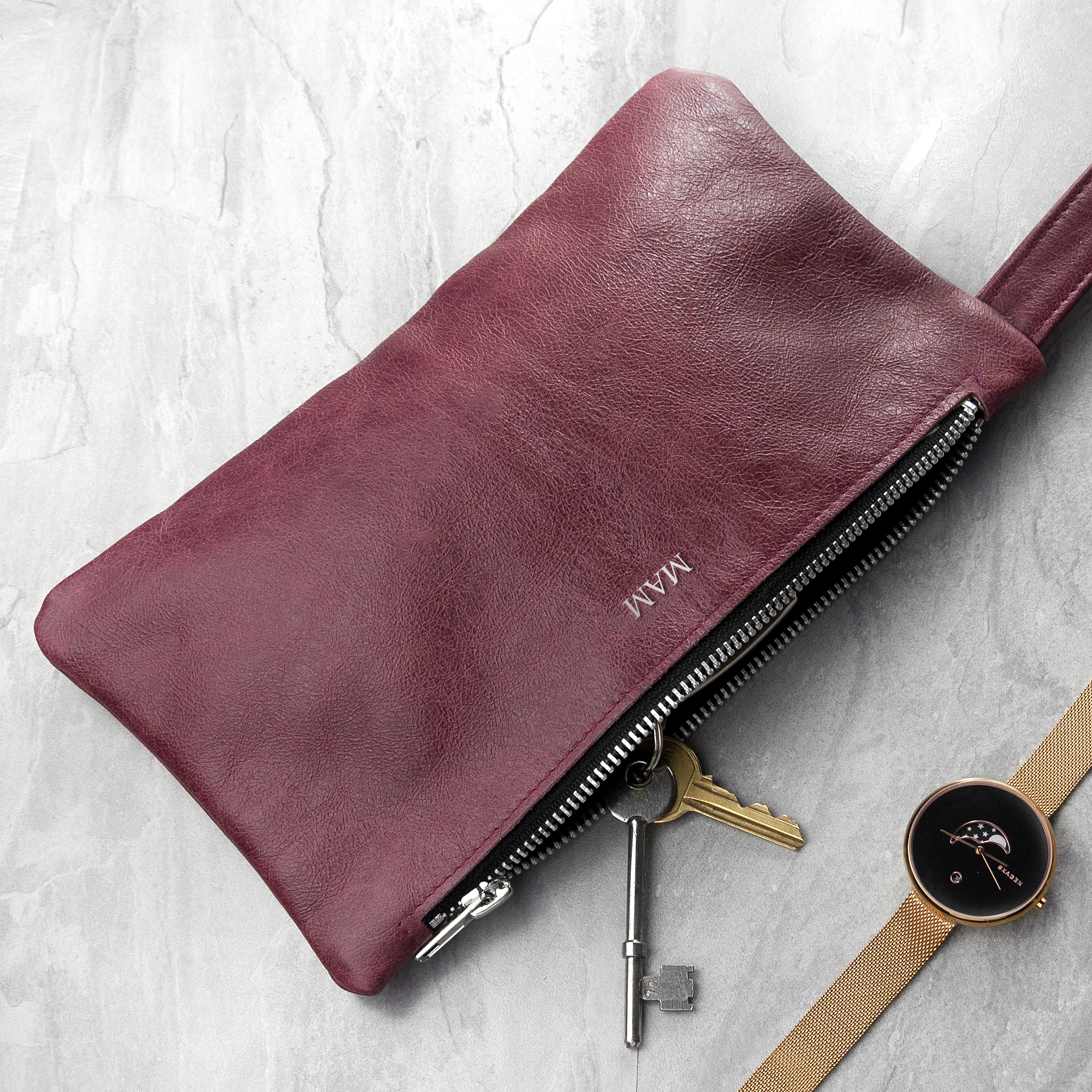 Monogrammed Burgundy Leather Clutch Bag