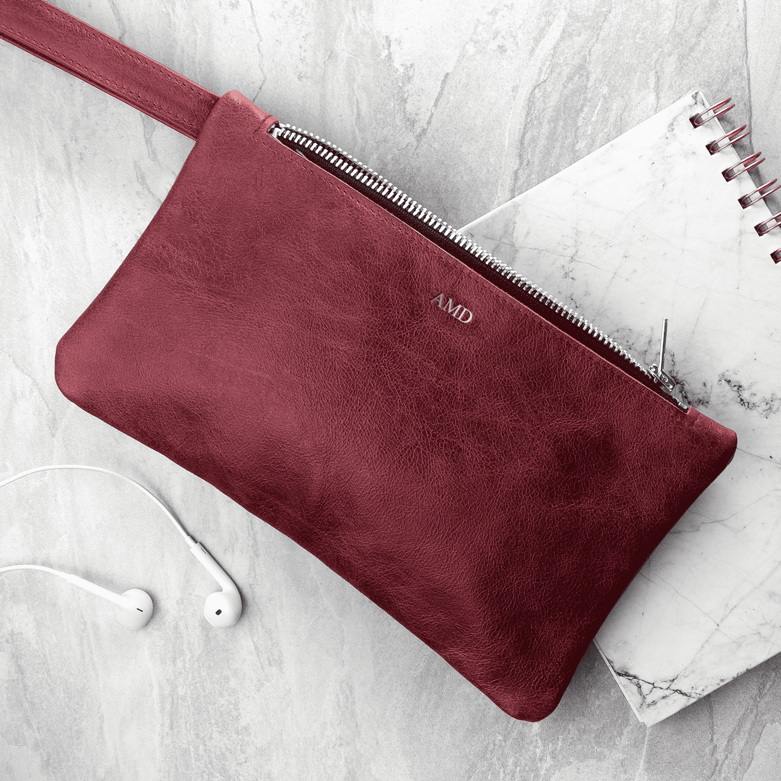 Monogrammed Burgundy Leather Clutch Bag