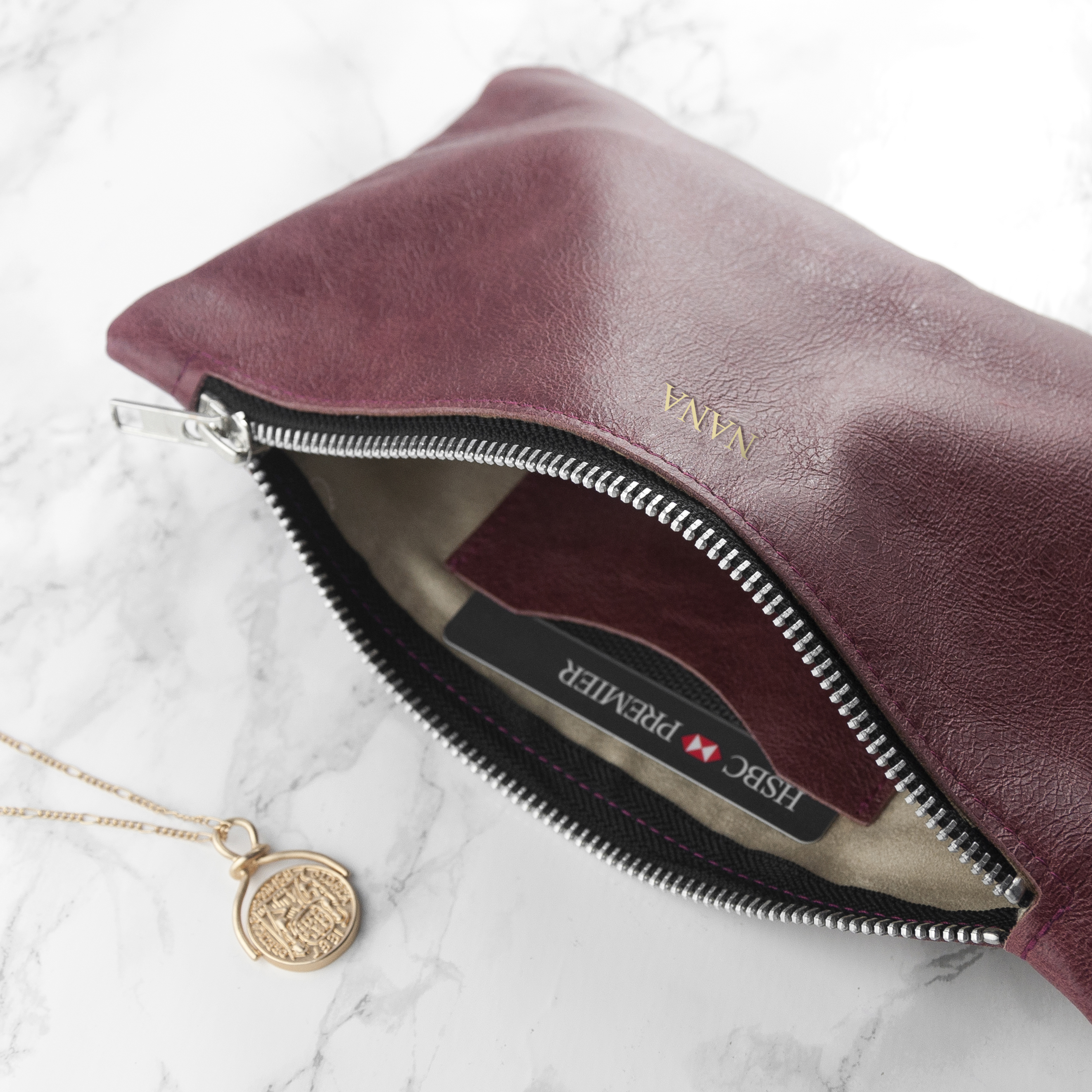 Monogrammed Burgundy Leather Clutch Bag