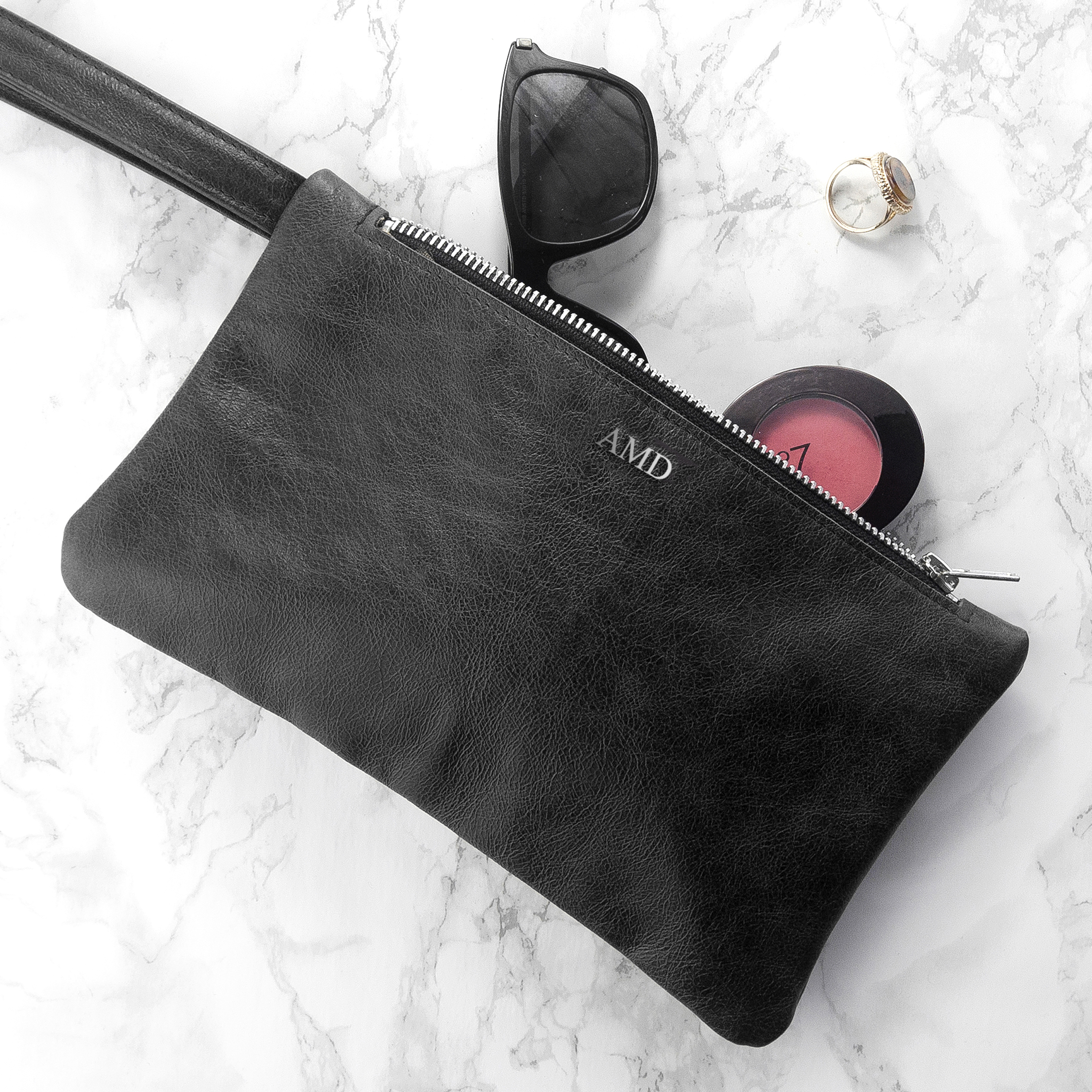 Monogrammed Black Leather Clutch Bag