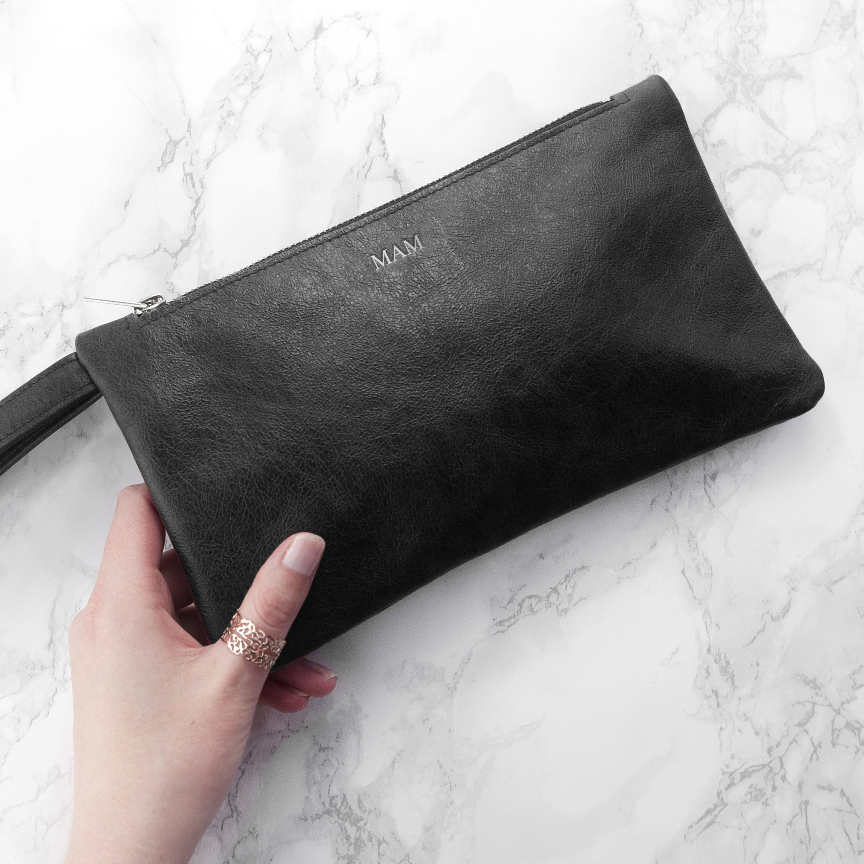 Monogrammed Black Leather Clutch Bag