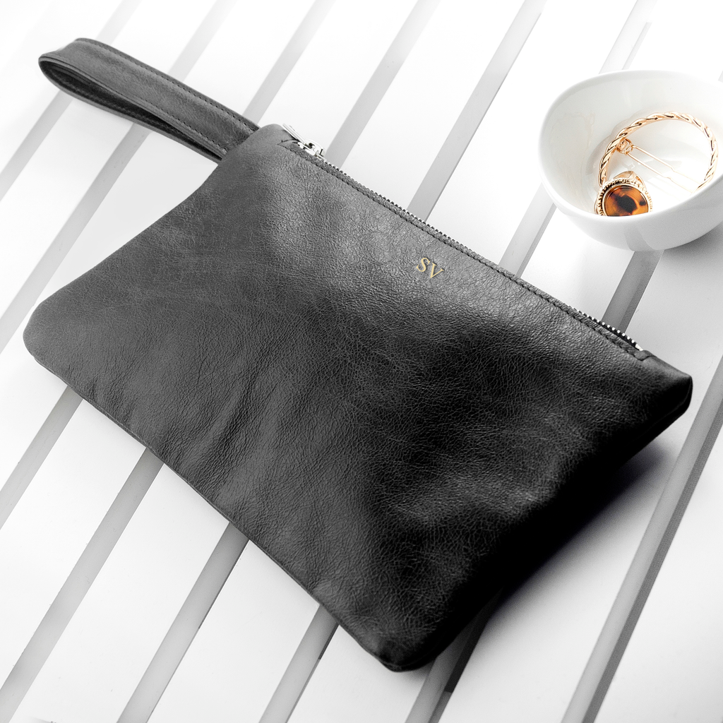 Monogrammed Black Leather Clutch Bag
