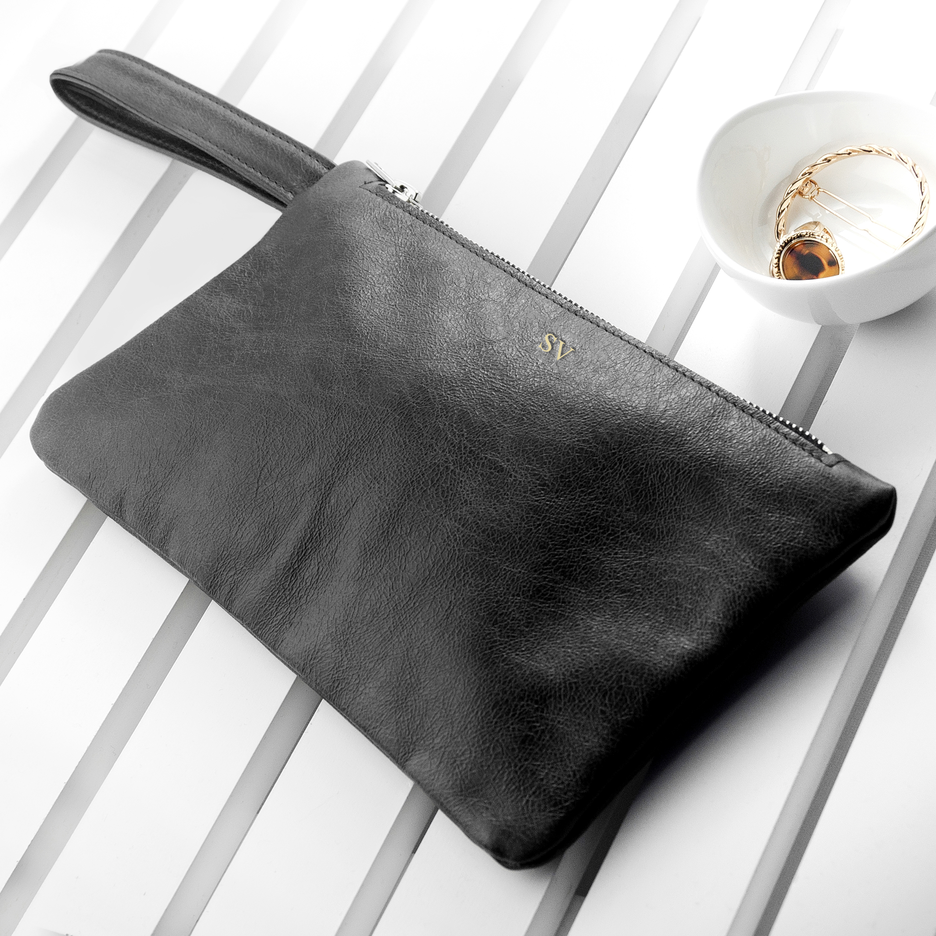 Monogrammed Black Leather Clutch Bag