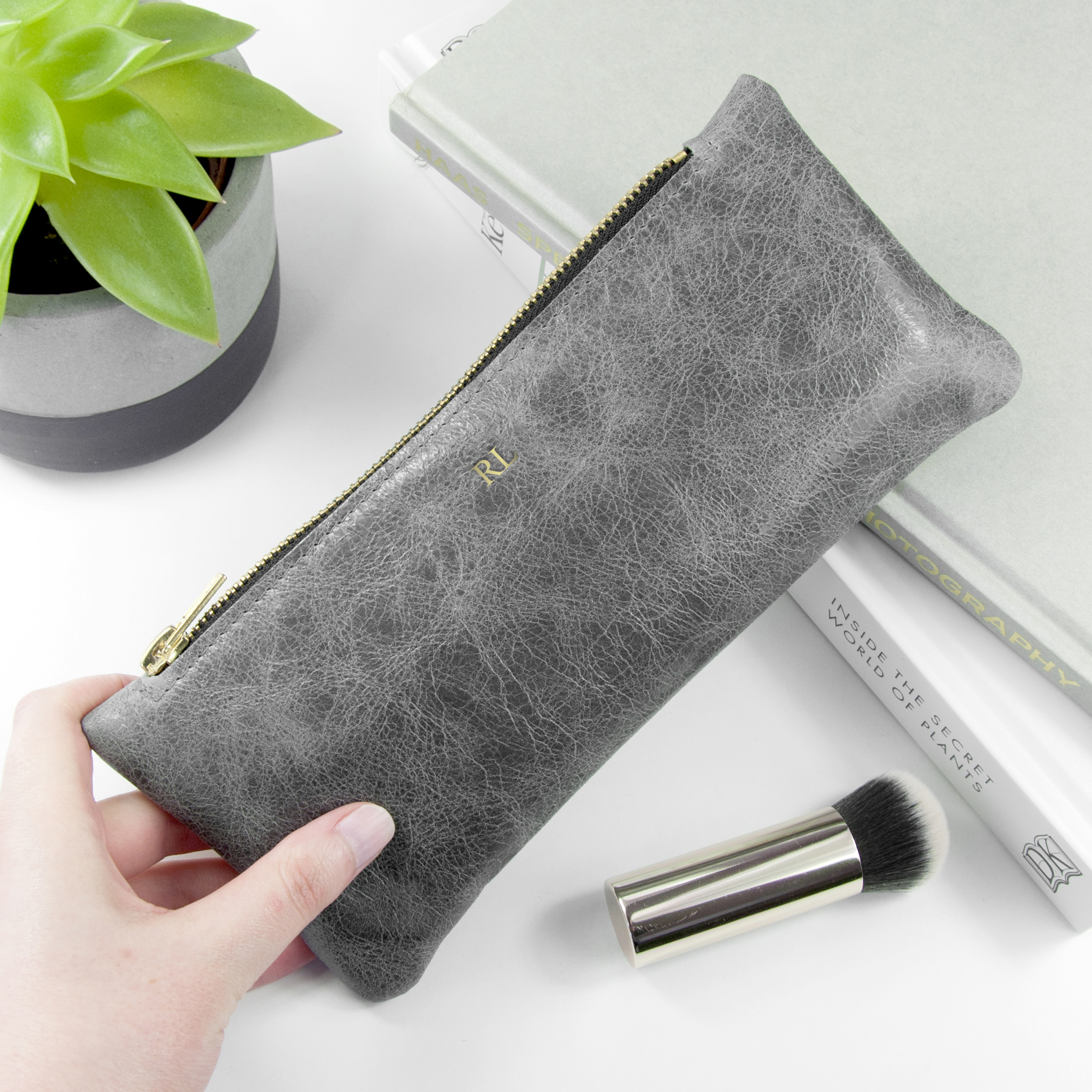 Luxury Slimline Leather Clutch in Stone Grey