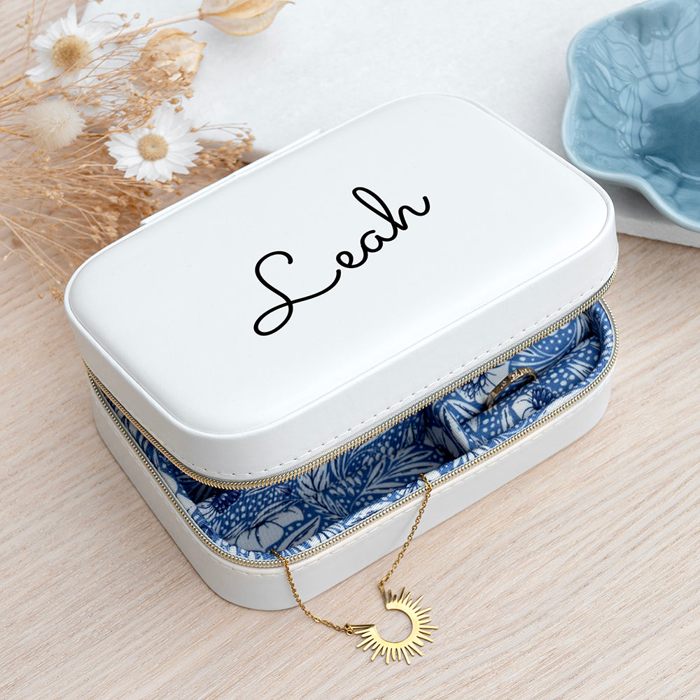Personalised White and Blue Floral Jewellery Case