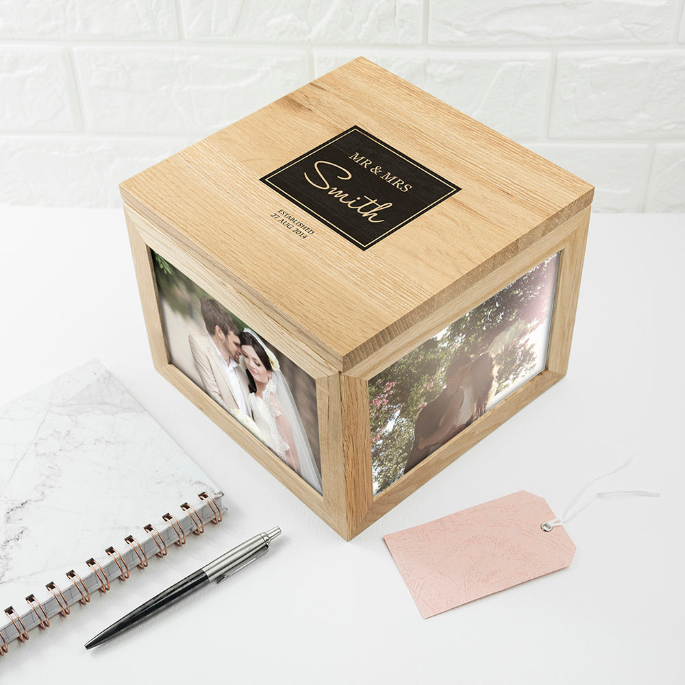 Contemporary Mr & Mrs Oak Photo Keepsake Box