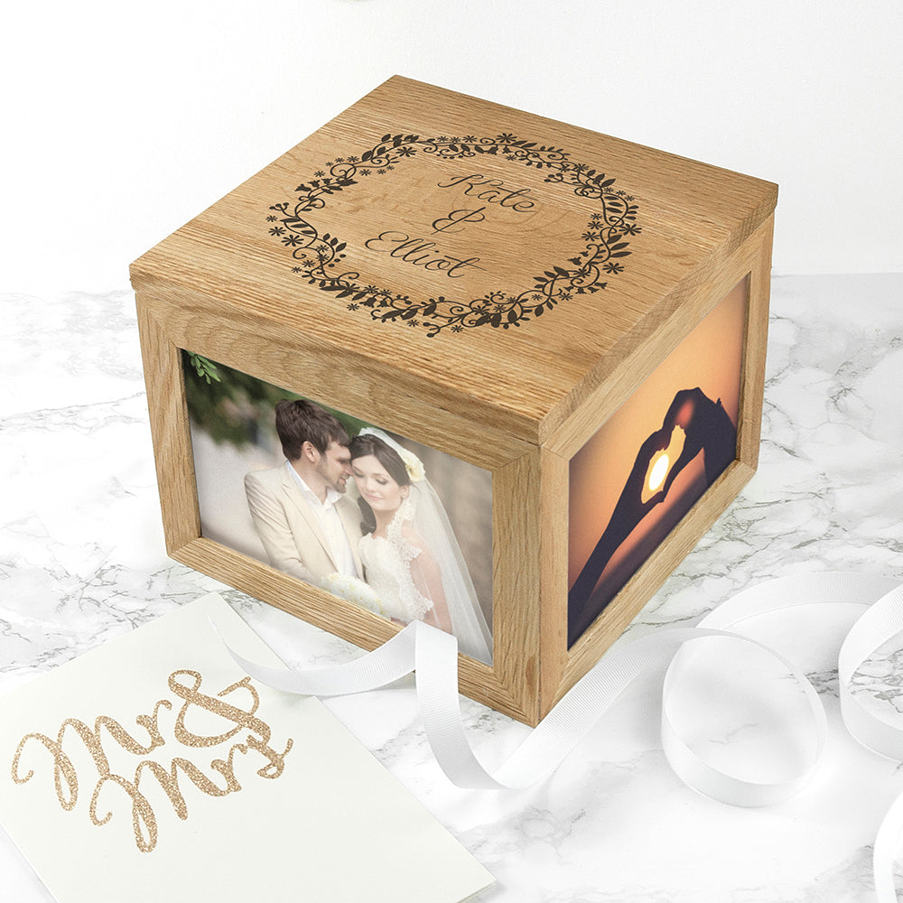 Couples' Oak Photo Keepsake Box with Floral Frame