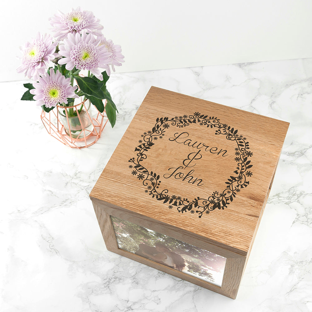 Couples' Oak Photo Keepsake Box with Floral Frame
