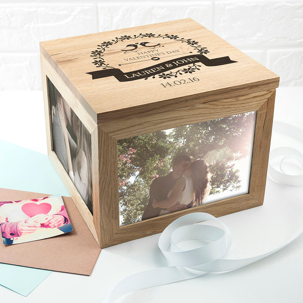 Love Birds' Oak Photo Keepsake Box