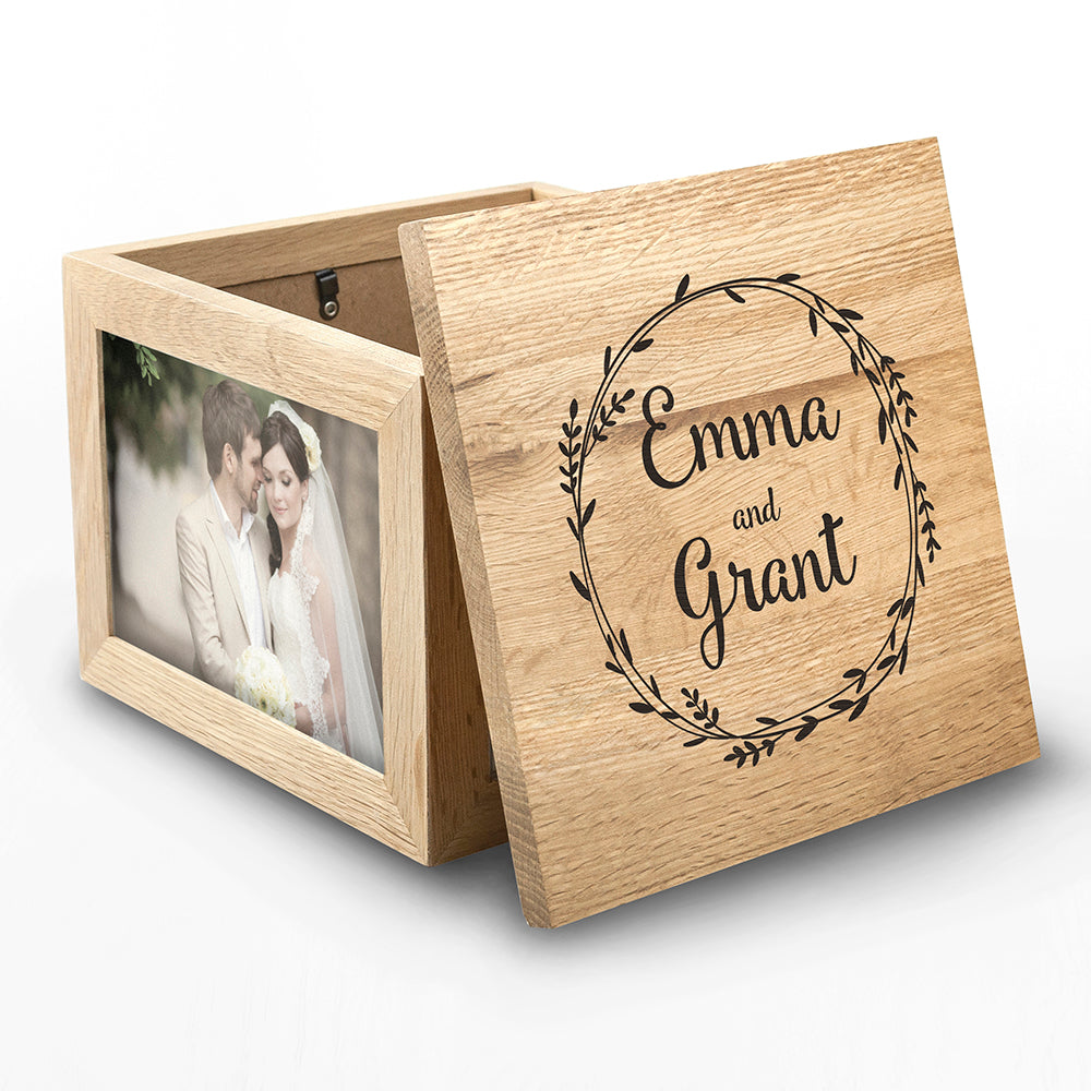 Couple's Oak Photo Keepsake Box With Wreath Design