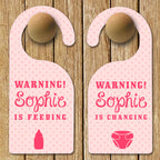 Personalised Baby Warning Door Hanger in Pink