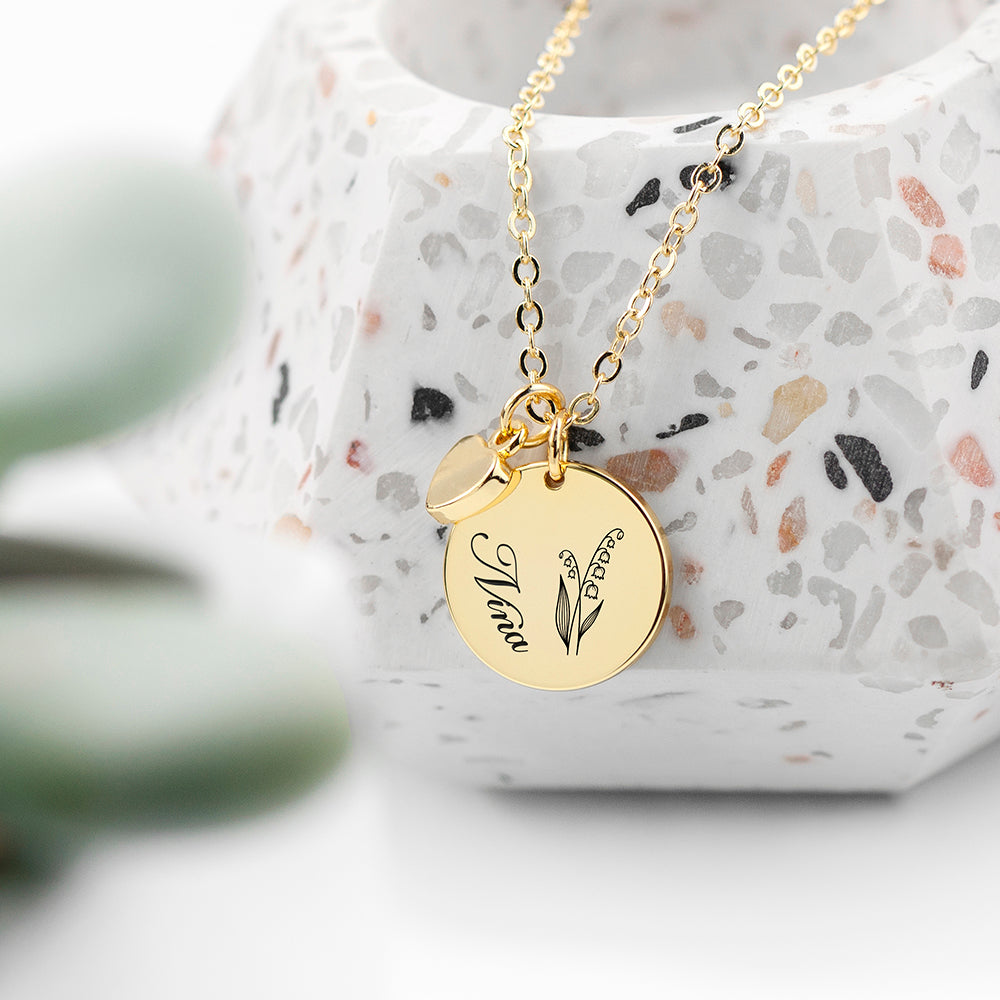 Personalised Birth Flower Heart and Disc Necklace