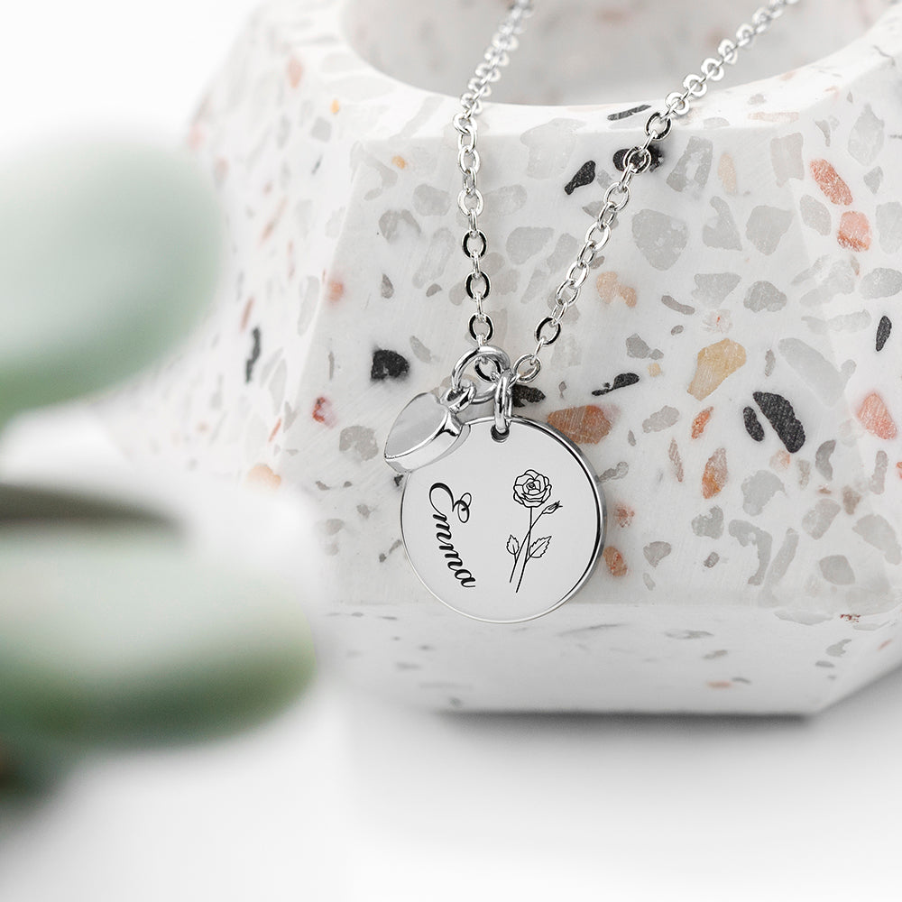 Personalised Birth Flower Heart and Disc Necklace
