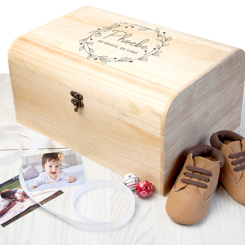 Personalised Botanical Wreath Keepsake Wooden Chest