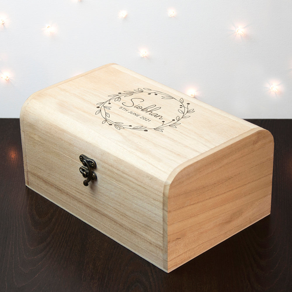 Personalised Botanical Wreath Keepsake Wooden Chest