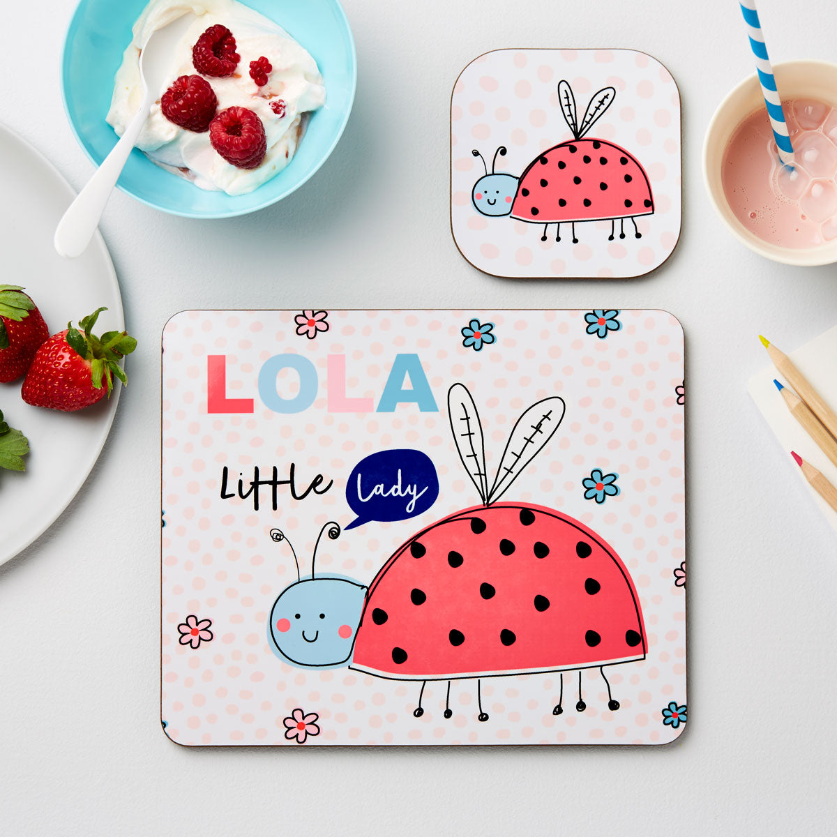 Personalised Children’s Pastel Ladybird Placemat Set