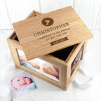 Personalised Christening Cross Midi Oak Photo Cube Keepsake Box