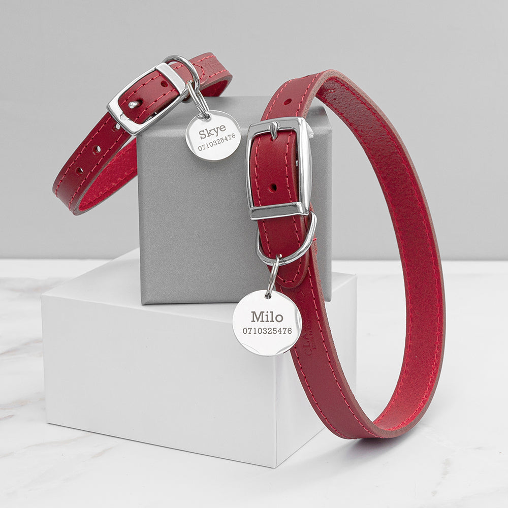 Personalised Classic Red Leather Dog Collar with Tag