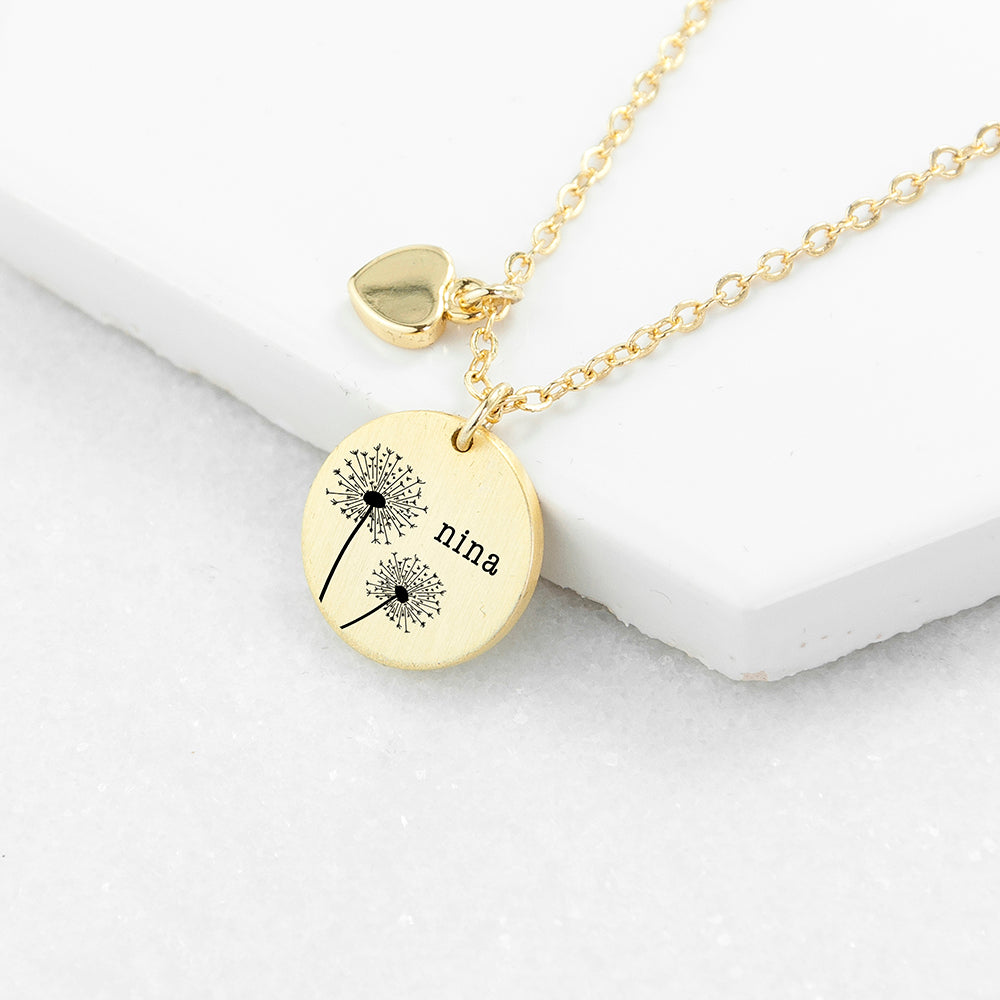 Personalised Dandelion Matte Heart & Disc Necklace