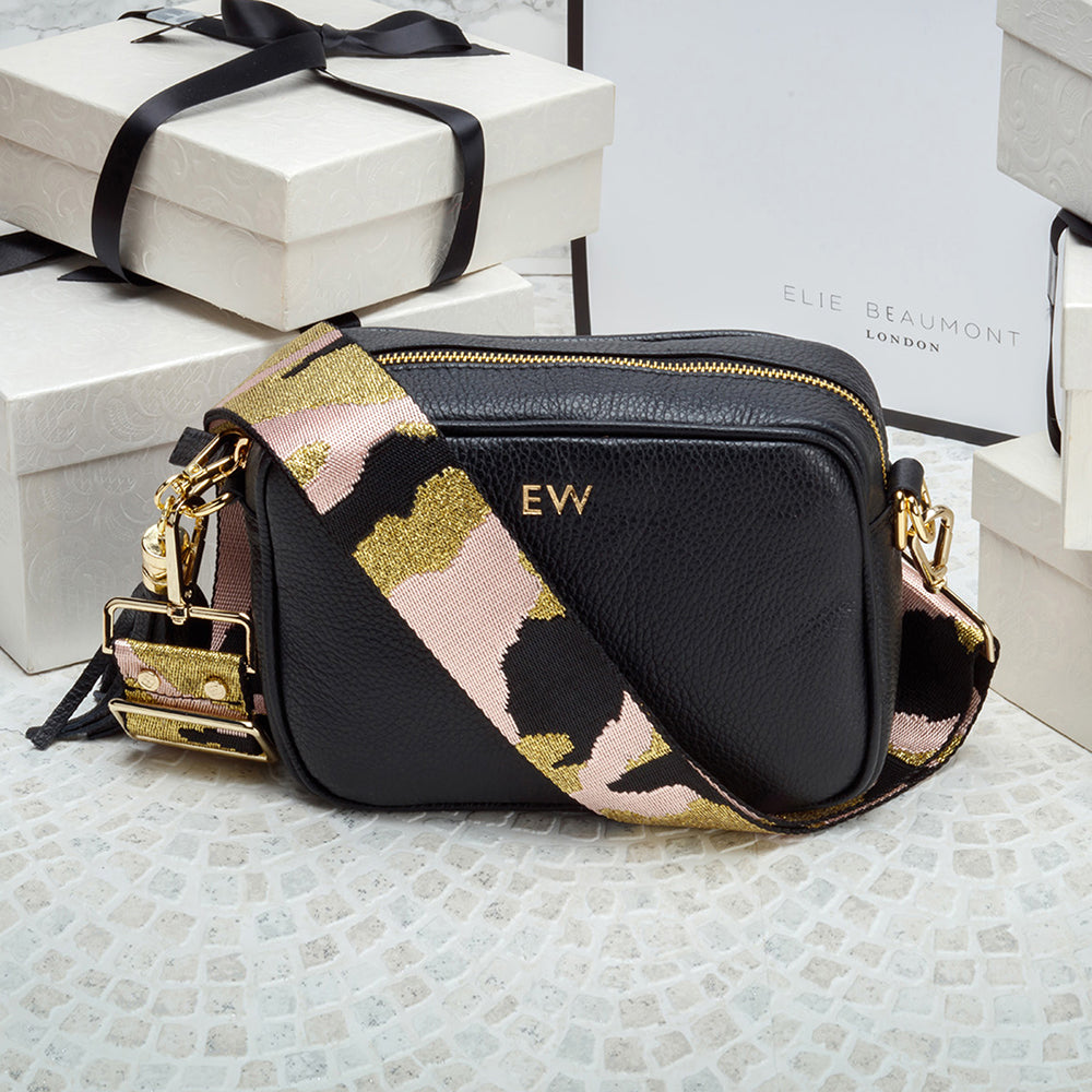 Personalised Elie Beaumont Black Bag with Pink Camouflage Strap