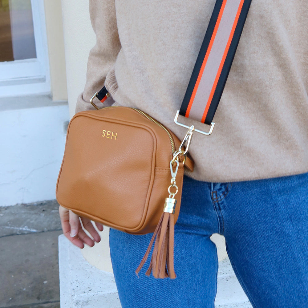 Personalised Elie Beaumont Tan Bag with Black Orange Strap