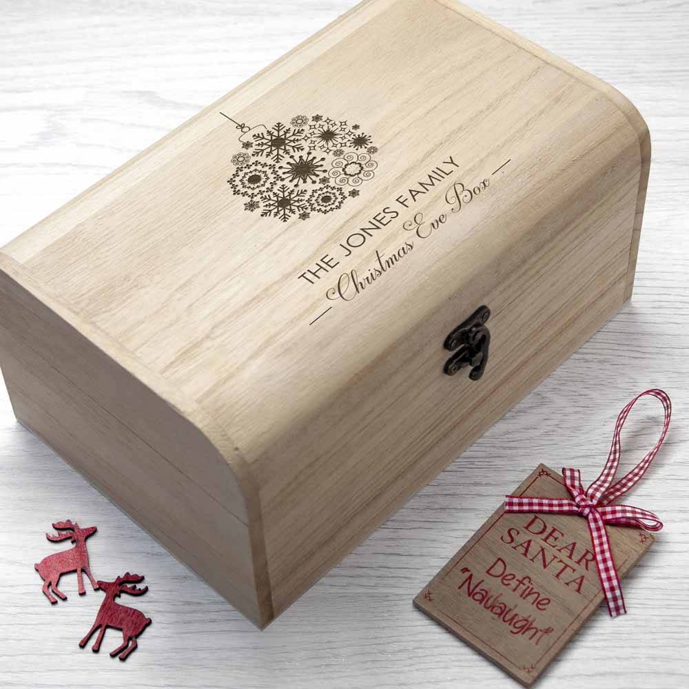 Personalised Family Christmas Eve Chest With Decorative Bauble Design
