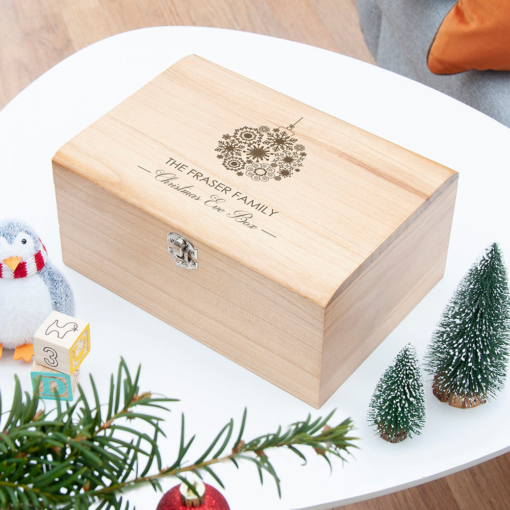 Personalised Family Christmas Eve Chest With Decorative Bauble Design