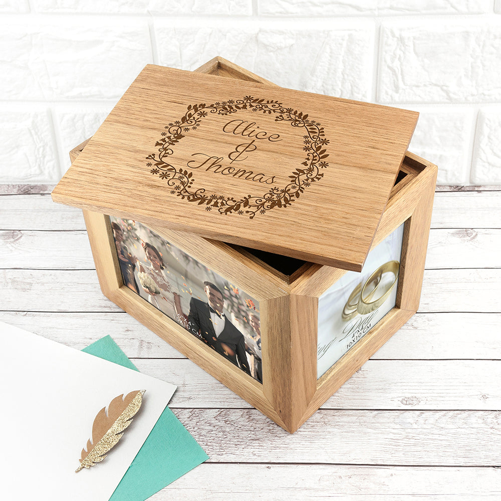 Personalised Floral Framed Couples' Midi Oak Photo Cube Keepsake Box