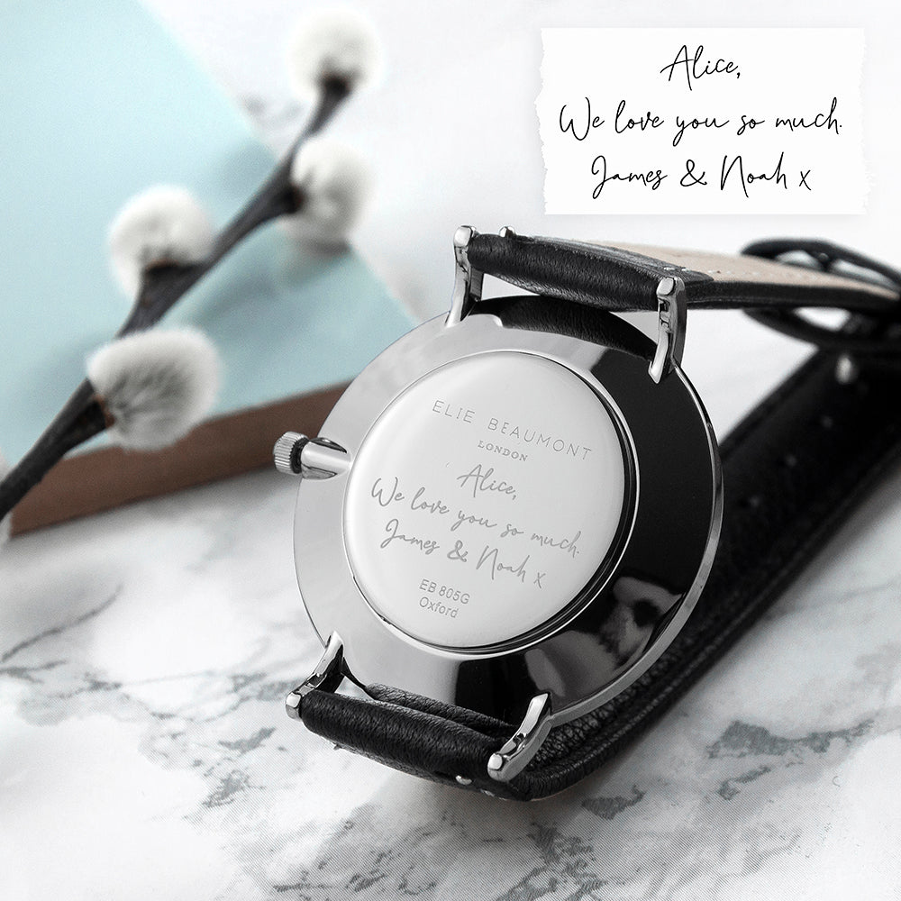 Personalised Handwriting Ladies Black Leather Watch