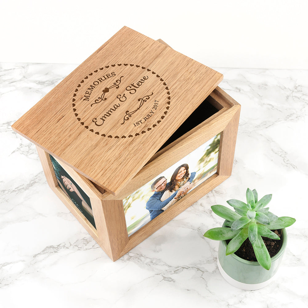 Personalised Heart Framed Couples' Midi Oak Photo Cube Keepsake Box