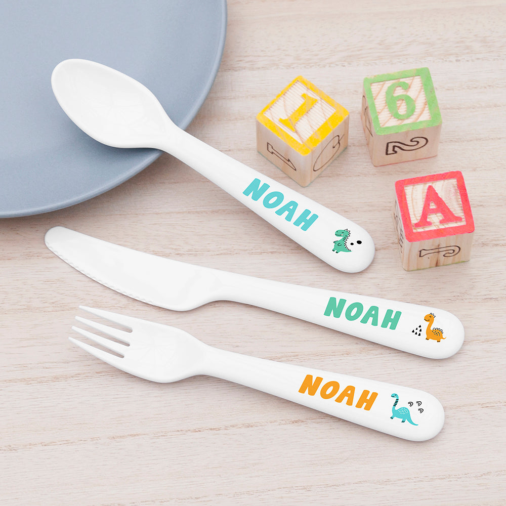 Personalised Kids Cute Dinosaur Cutlery Set - Plastic