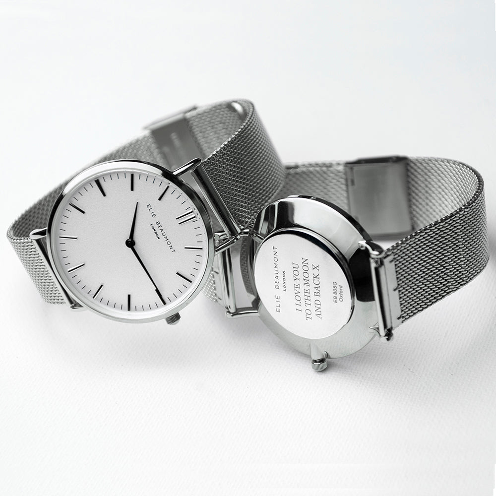 Personalised Metallic Mesh Strapped Watch With White Dial