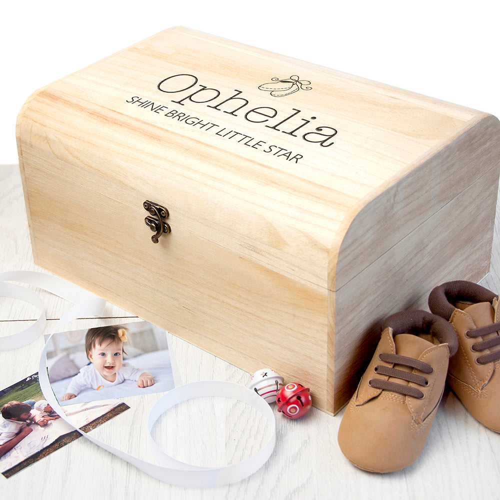 Personalised New Baby Keepsake Wooden Chest -  Booties