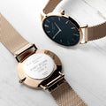 Personalised Rose Gold Mesh Strapped Watch With Black Dial