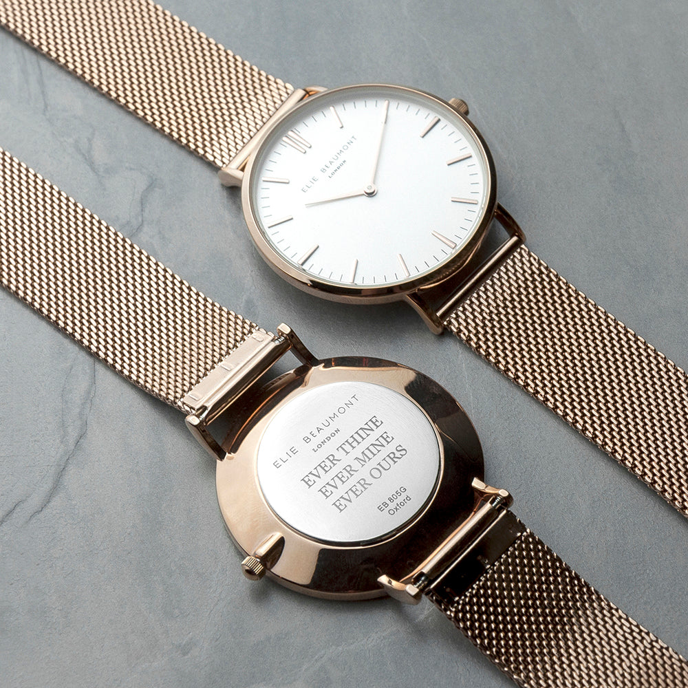 Personalised Rose Gold Mesh Strapped Watch With White Dial