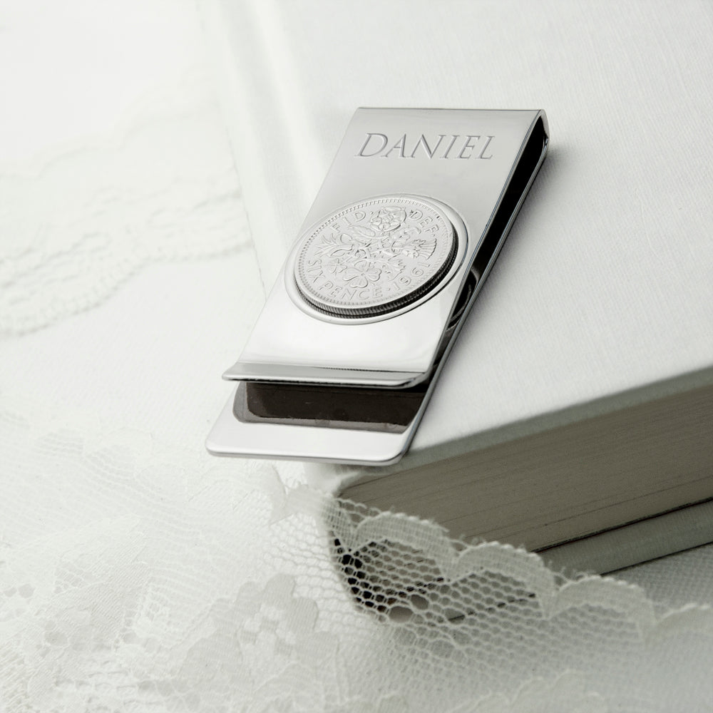 Personalised Rhodium Plated Lucky Sixpence Money Clip