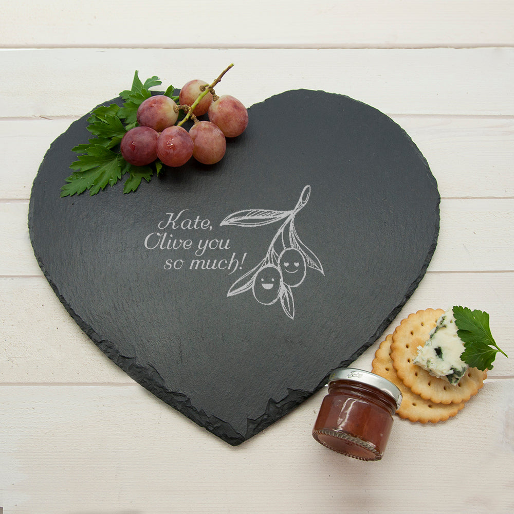 Personalised Olive You So Much Punny Heart Slate Cheese Board