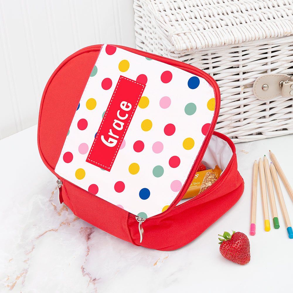 Personalised Girl's Red Patterned Lunch Bag