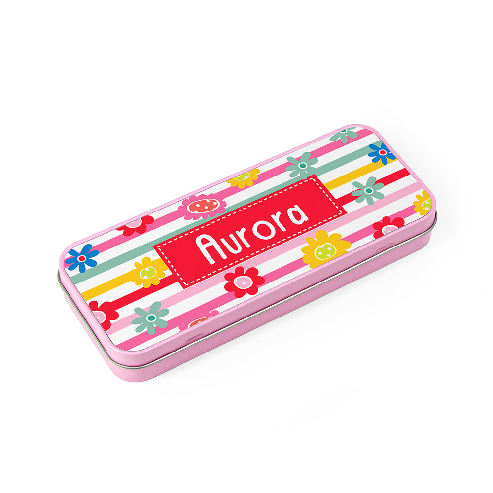 Personalised Girl's Patterned Pink Pencil Case Tin