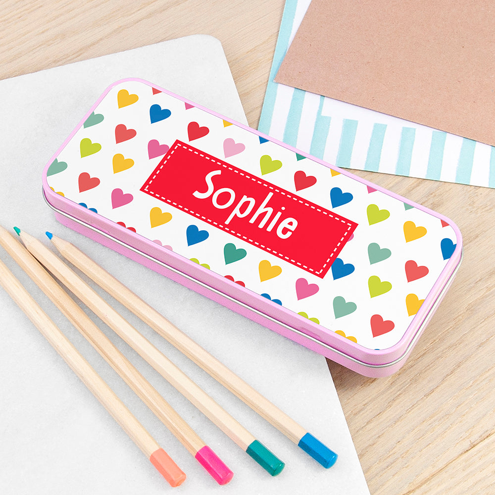 Personalised Girl's Patterned Pink Pencil Case Tin