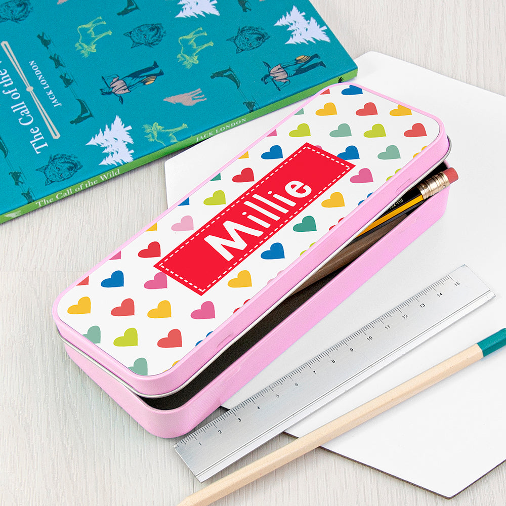 Personalised Girl's Patterned Pink Pencil Case Tin