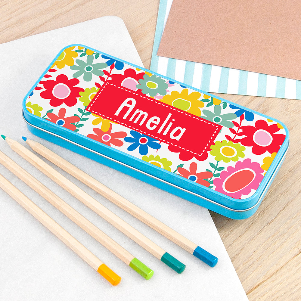 Personalised Girl's Patterned Blue Pencil Case Tin
