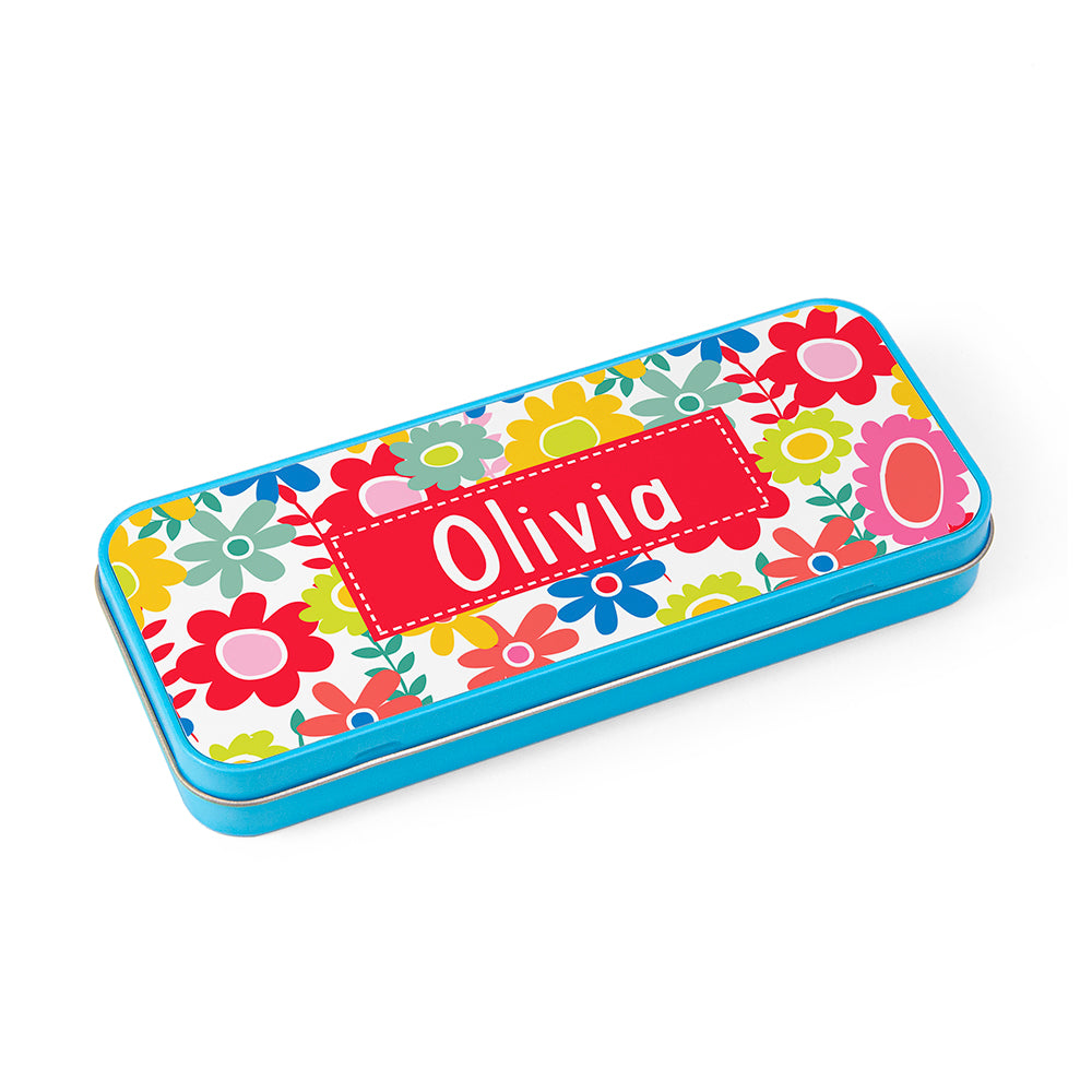 Personalised Girl's Patterned Blue Pencil Case Tin