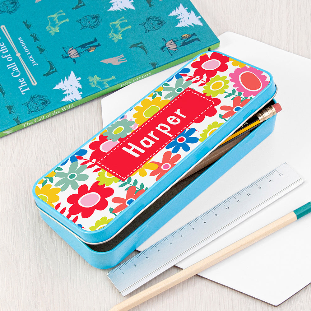 Personalised Girl's Patterned Blue Pencil Case Tin