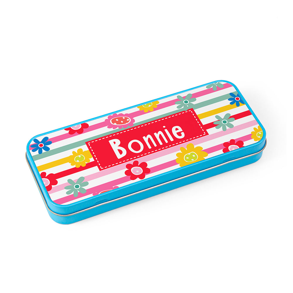 Personalised Girl's Patterned Blue Pencil Case Tin