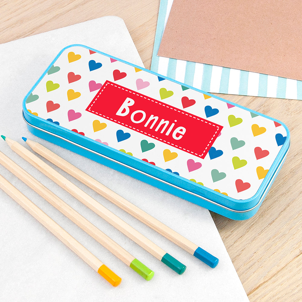 Personalised Girl's Patterned Blue Pencil Case Tin