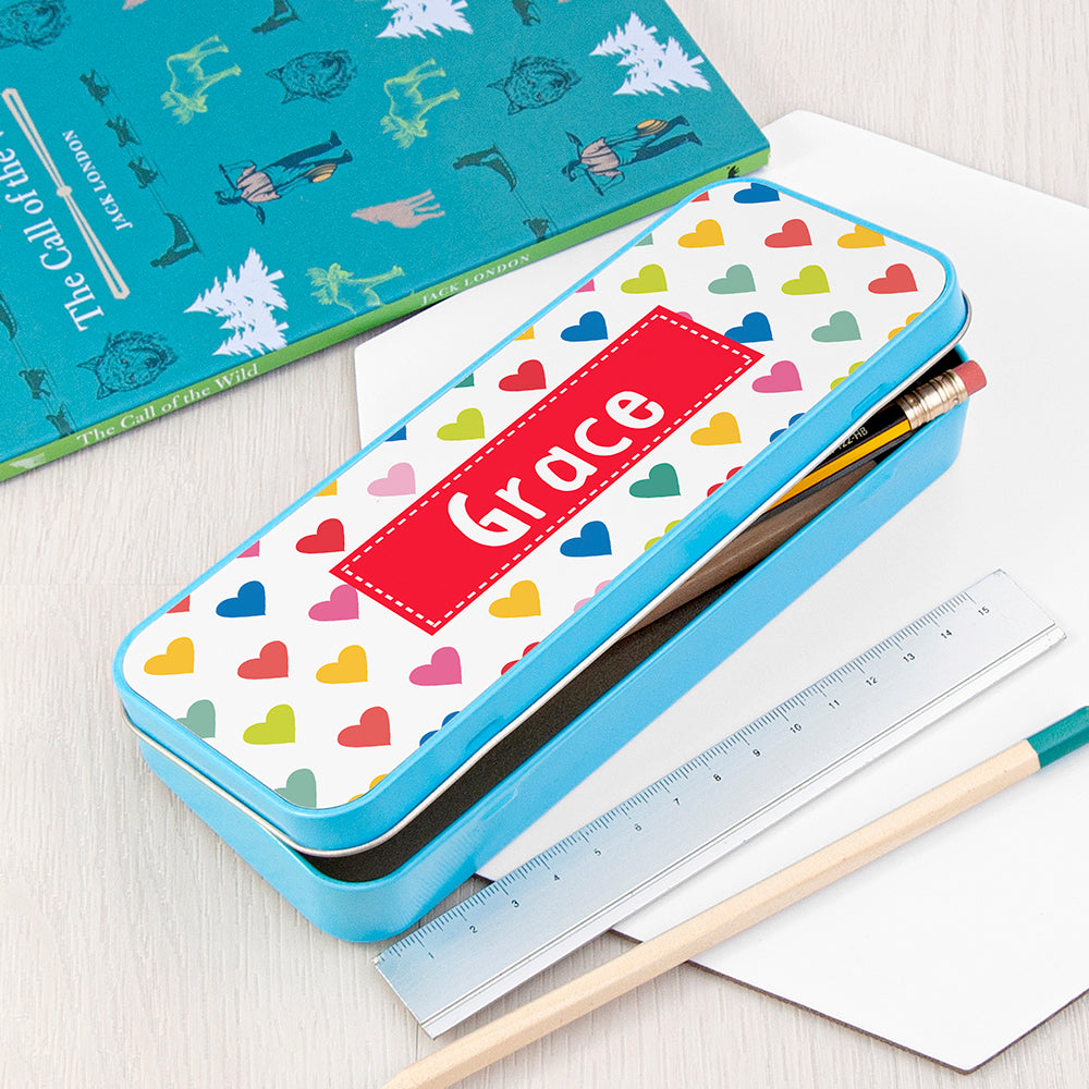 Personalised Girl's Patterned Blue Pencil Case Tin