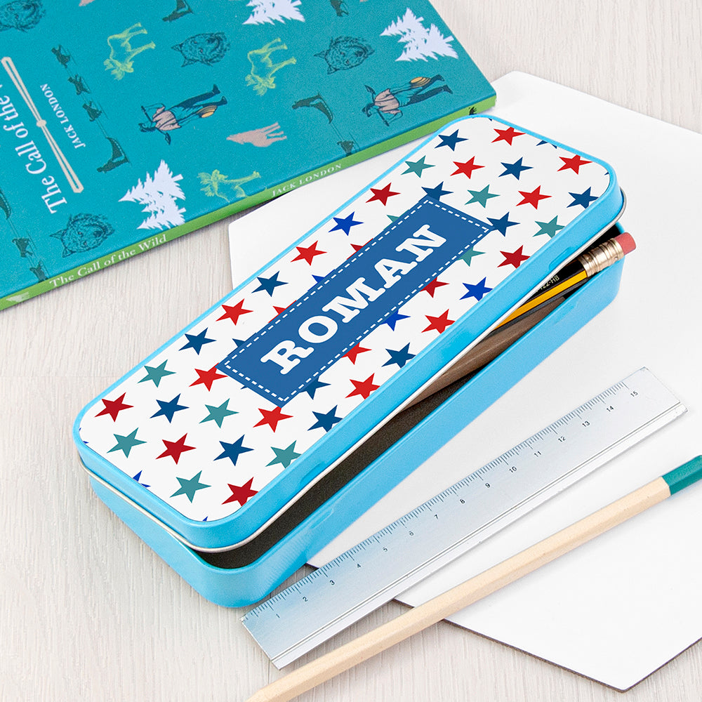 Personalised Boy's Blue Metal Pencil Case Tin